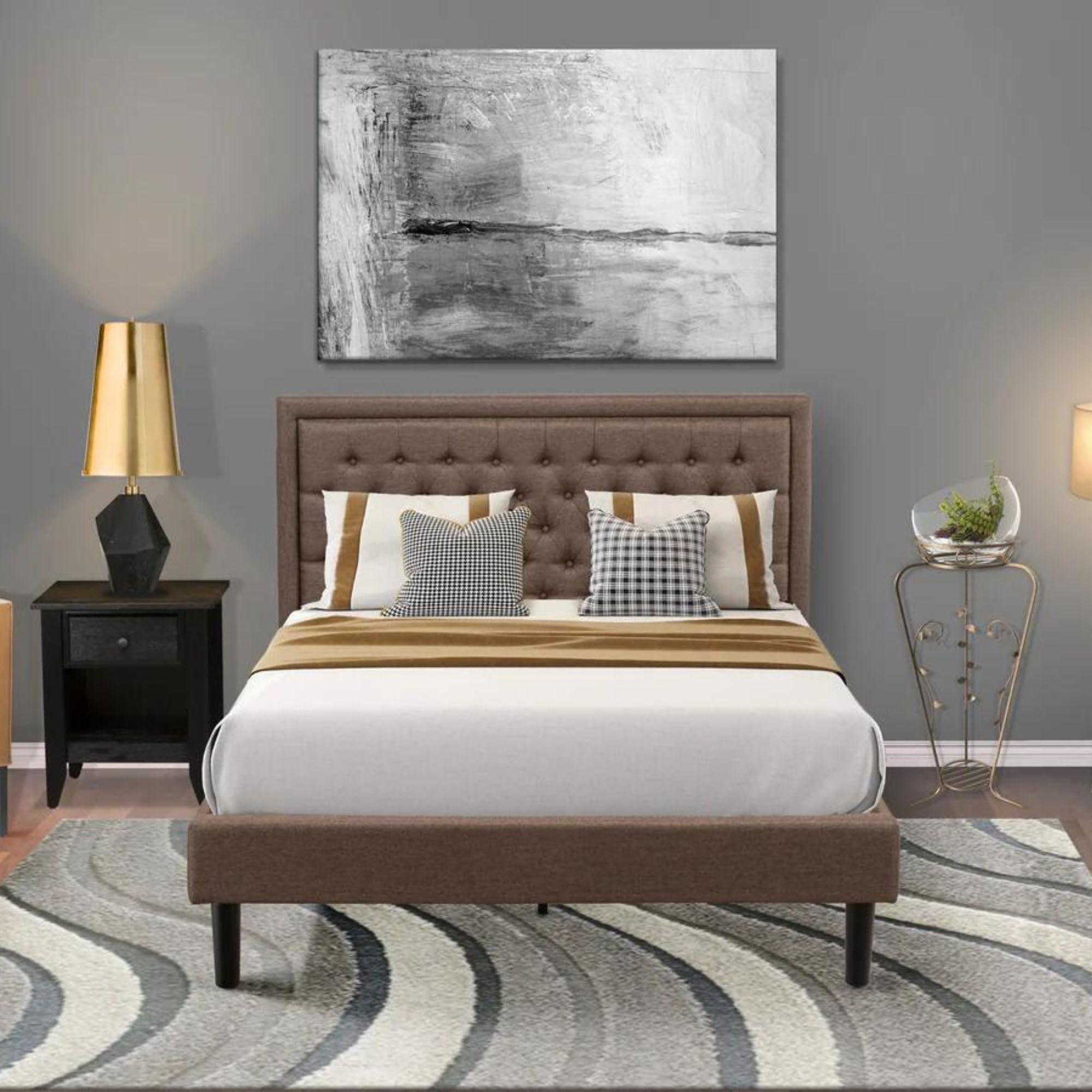 East West Furniture KD18Q-1GA06 2 Piece Queen Bedroom Set - 1 Queen Frame Brown Linen Fabric Padded and Button Tufted Headboard with 1 Night Stand - Wire Brushed Black Finish Nightstand