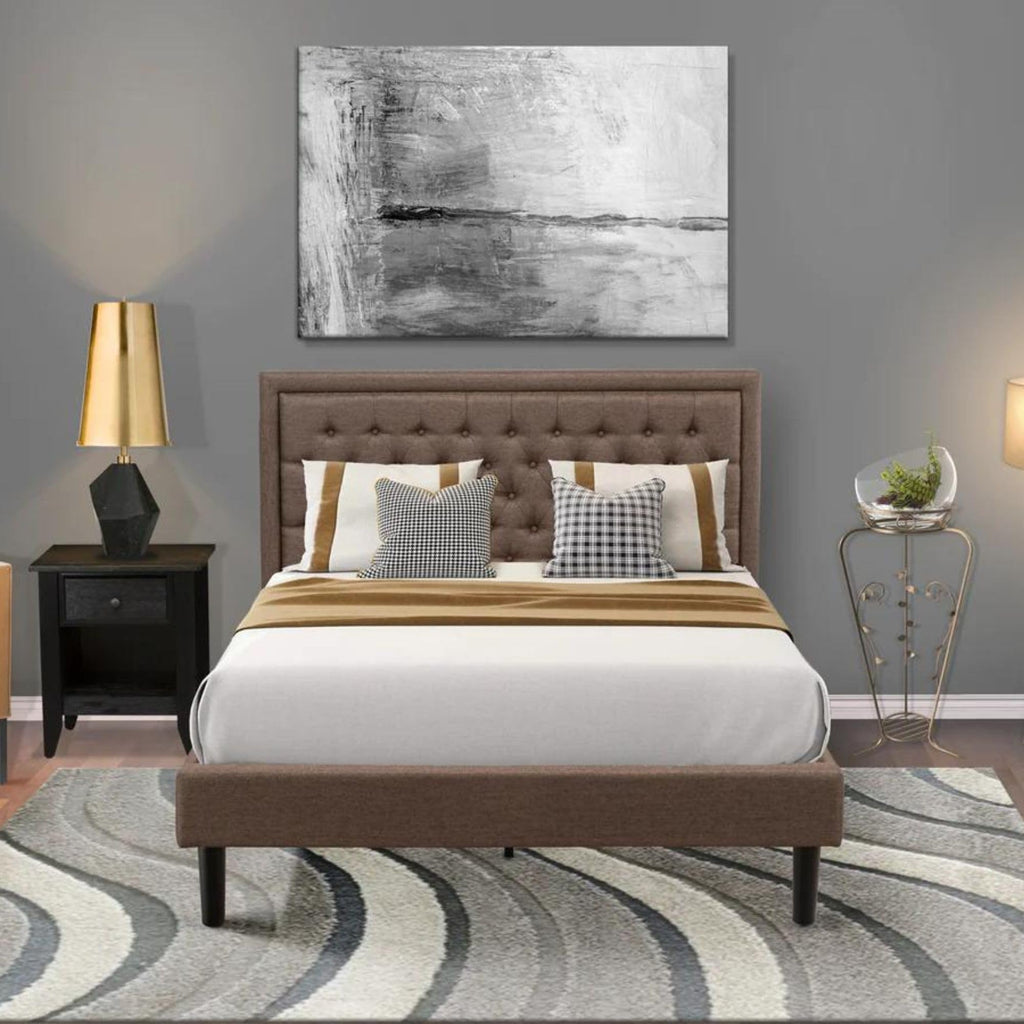 East West Furniture KD18Q-1GA06 2 Piece Queen Bedroom Set - 1 Queen Frame Brown Linen Fabric Padded and Button Tufted Headboard with 1 Night Stand - Wire Brushed Black Finish Nightstand