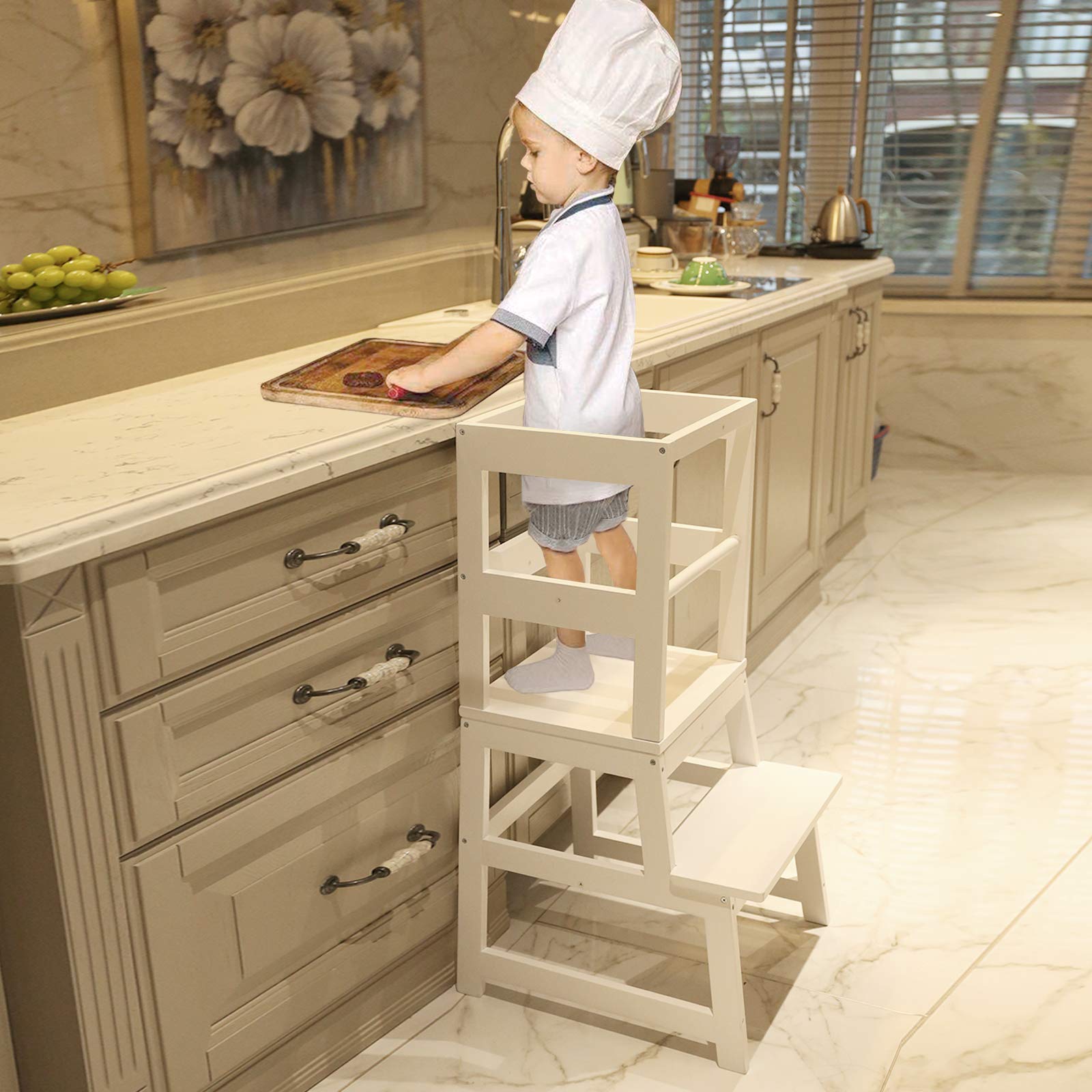 Kitchen Step Stool for Toddlers with Non-Slip Mat, WOOD CITY Wooden Kids Montessori Learning Stool Tower, Toddler Standing Tower