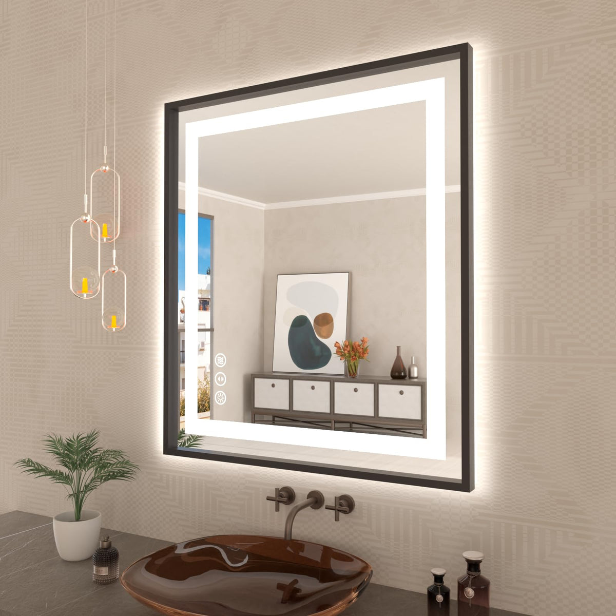 Amorho 36''x 32'' LED Bathroom Mirror with Black Frame, Front Light and Backlit, Stepless Dimmable, Anti-Fog, Shatter-Proof, Mem