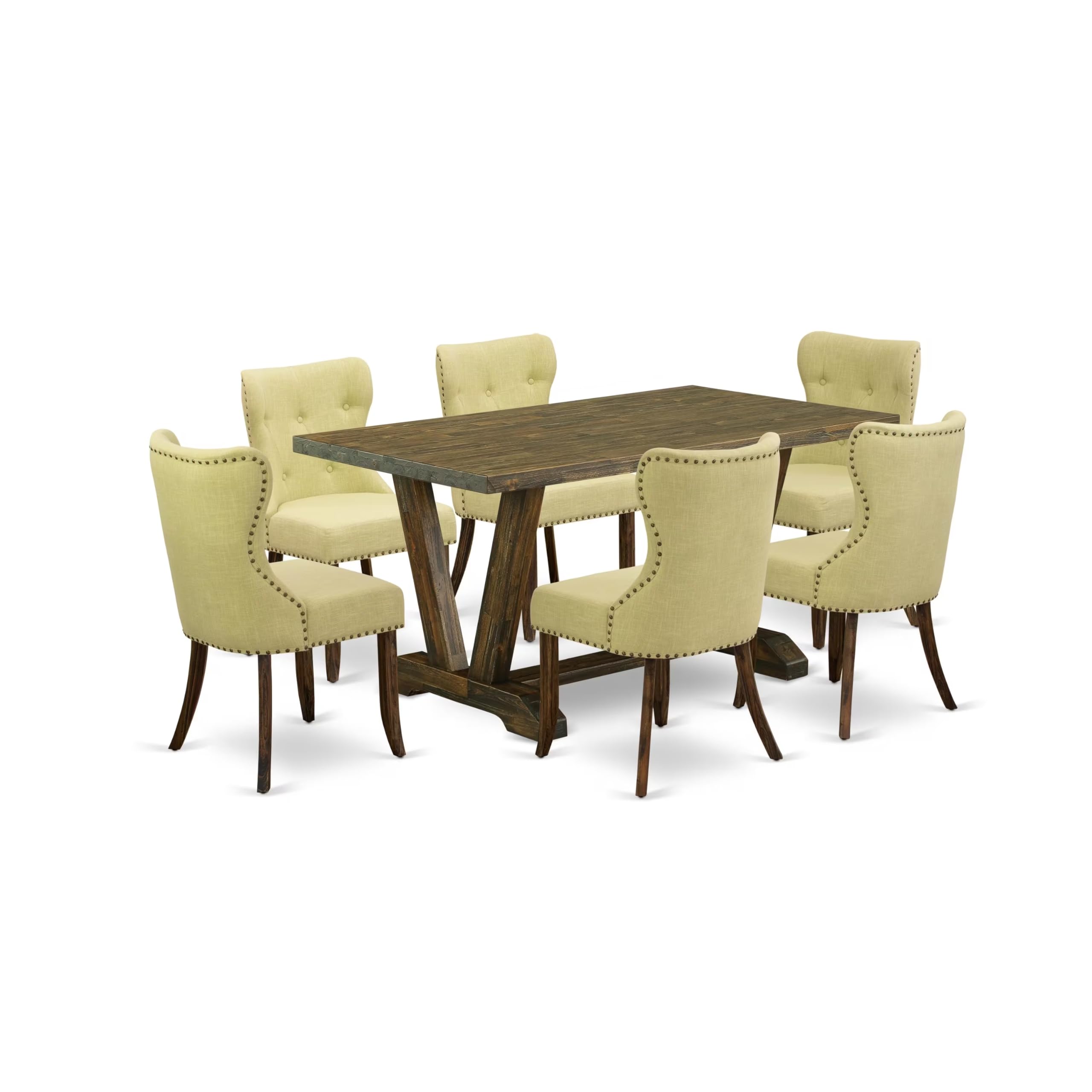 East West Furniture V776Si737-7 7 Piece Dining Set Consist Of A Rectangle Dining Room Table With V-Legs And 6 Limelight Linen Fabric Upholstered Parson Chairs, 36X60 Inch, Multi-Color