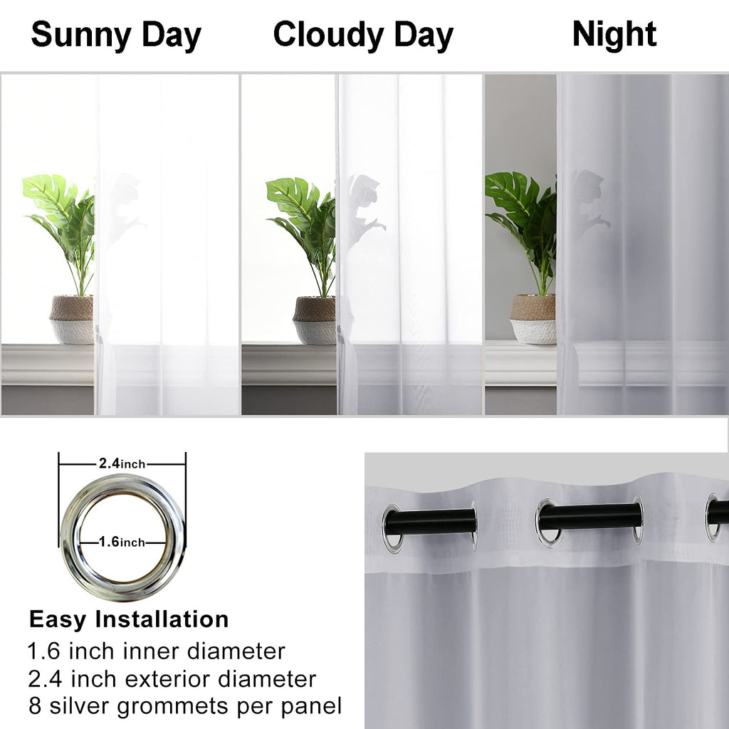 Hiasan Grey Sheer Curtains 63 Inch Length With Tiebacks, Light Filtering Voile Textured Drape Lightweight Grommet Window Curtains For Bedroom, Living Room And Office, W52 X L63, 2 Panels