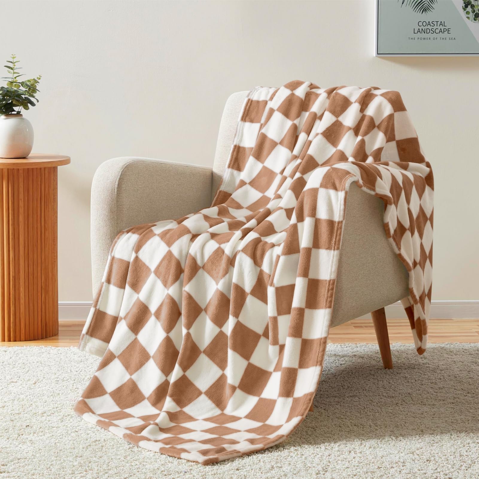Homelike Moment Checkered Blanket Twin Size, Brown Checkerboard Grid Soft Fluffy Fleece Twin Blanket, Fuzzy Cozy Plush Blanket F