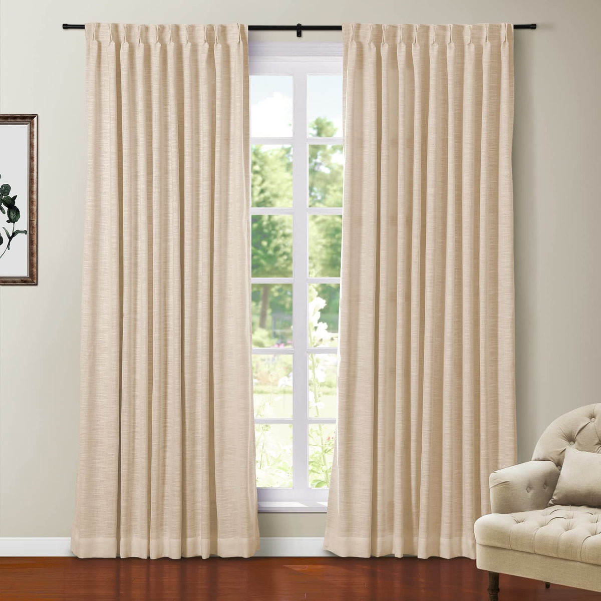 Twopages Sand Beige Polyester Linen 96 Inches Long Thermal Insulated Curtain With Pinch Pleated And Back Tab Blackout Textured D
