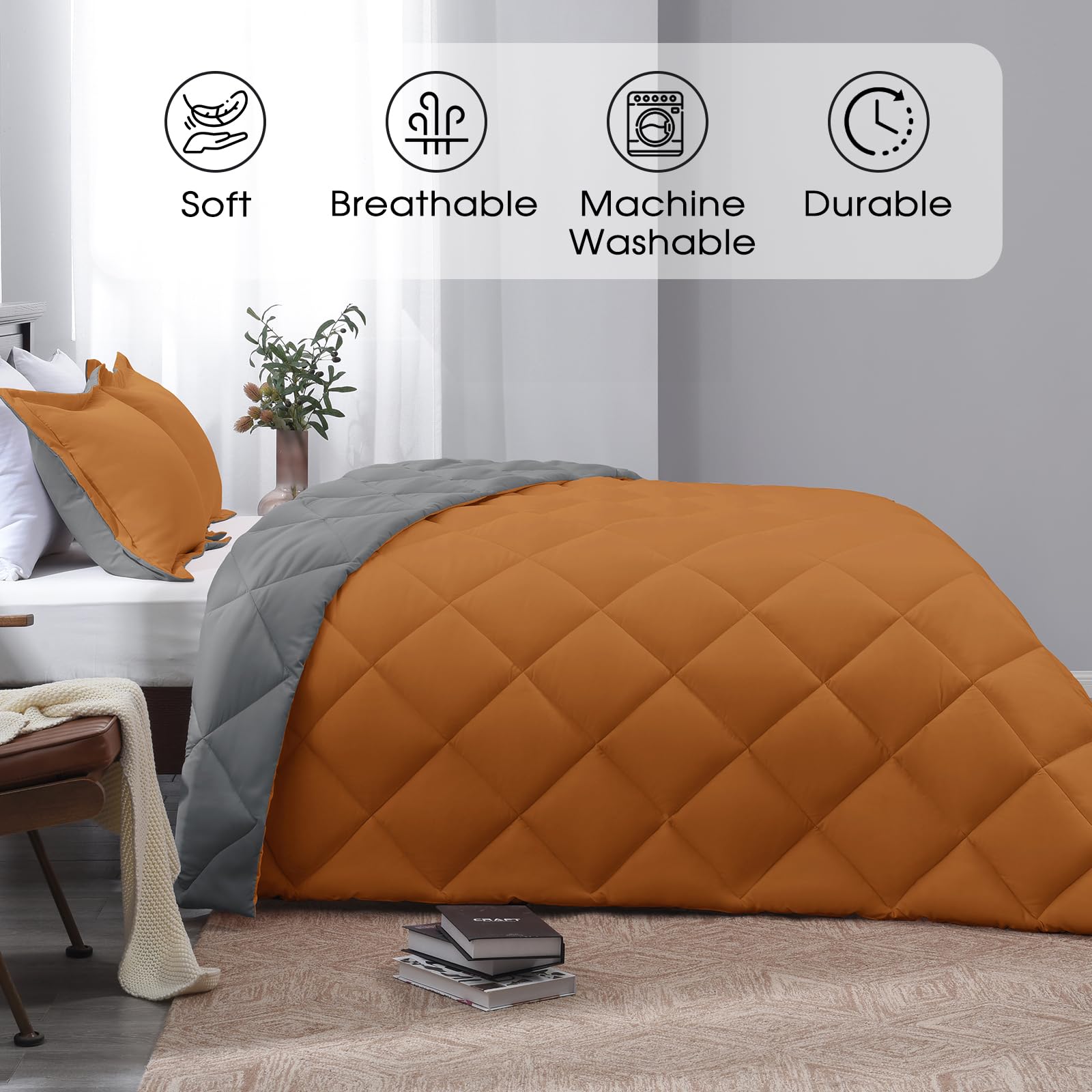Basic Beyond Twin Comforter Set - Burnt Orange Comforter Set Twin , Reversible Twin Bed Comforter Set For All Seasons, Burnt Orange/Charcoal Gray, 1 Comforter (66'X92') And 1 Pillow Sham (20'X26'+2')