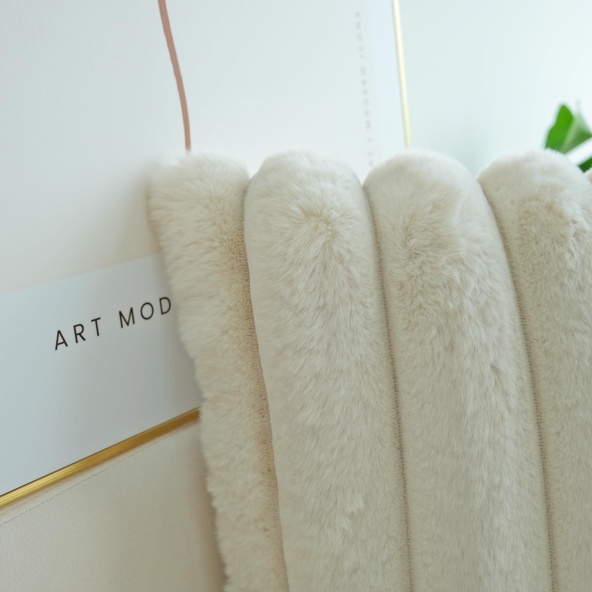 Jojusis Pack Of 2 Faux Fur Plush Decorative Throw Pillow Covers Couch Cushion Case Soft Fluffy Pillowcases Wide Stripe (Beige, 2