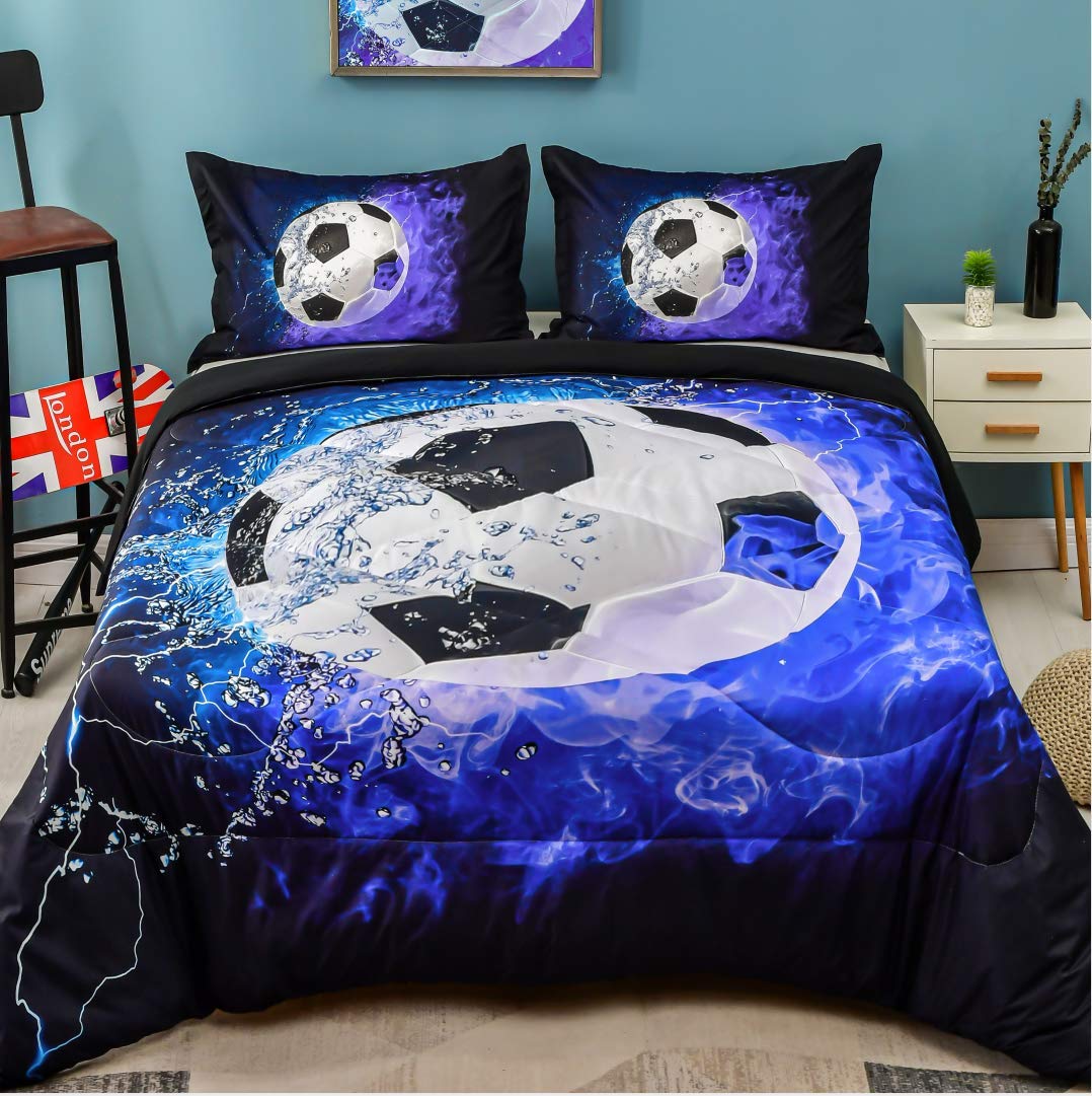 Andency Soccer Comforter Twin(66X90 Inch), 2 Pieces(1 Soccer Comforter, 1 Pillowcase) Blue Flame Soccer Comforter Set Sport Micr