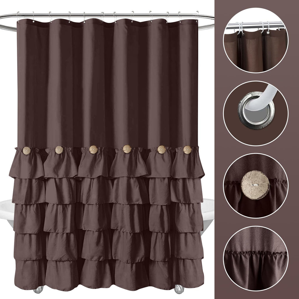 Seasonwood Brown Shower Curtains For Bathroom Dark Brown Shower Curtain Brown Ruffle Shower Curtain Button Farmhouse Style Fabri
