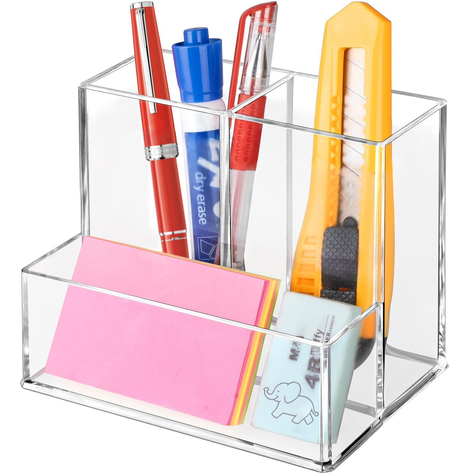 Banafich Pen Holder For Desk, Clear Acrylic Pencil Holder For Desk, Marker Holder With 3 Compartments, Pencil Organizer For Home