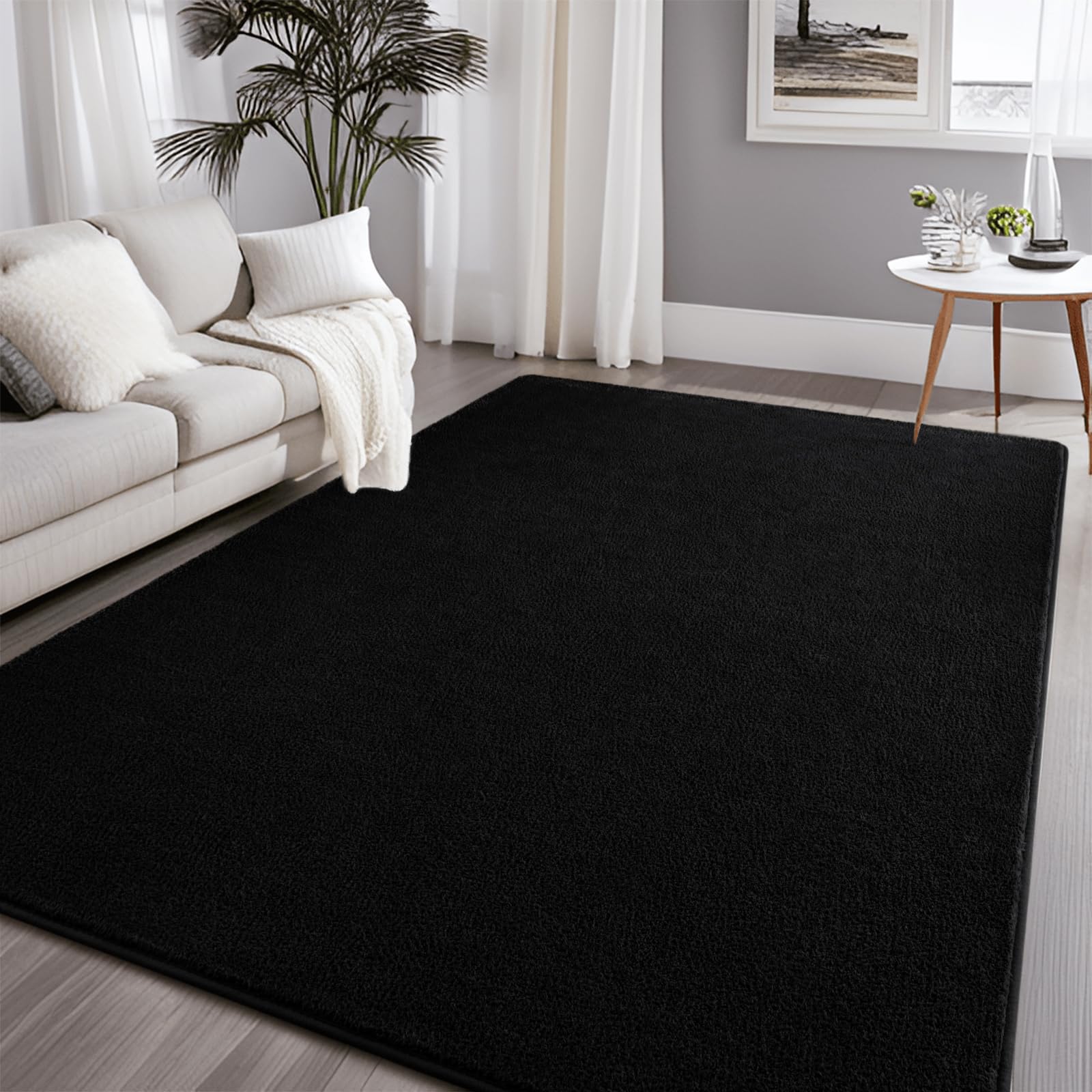 Larhom Large Modern Area Rugs for Bedroom Living Room, 5x7 Feet Black Rug, Thickened Memory-Foam Indoor Carpets, Minimalist Rug 