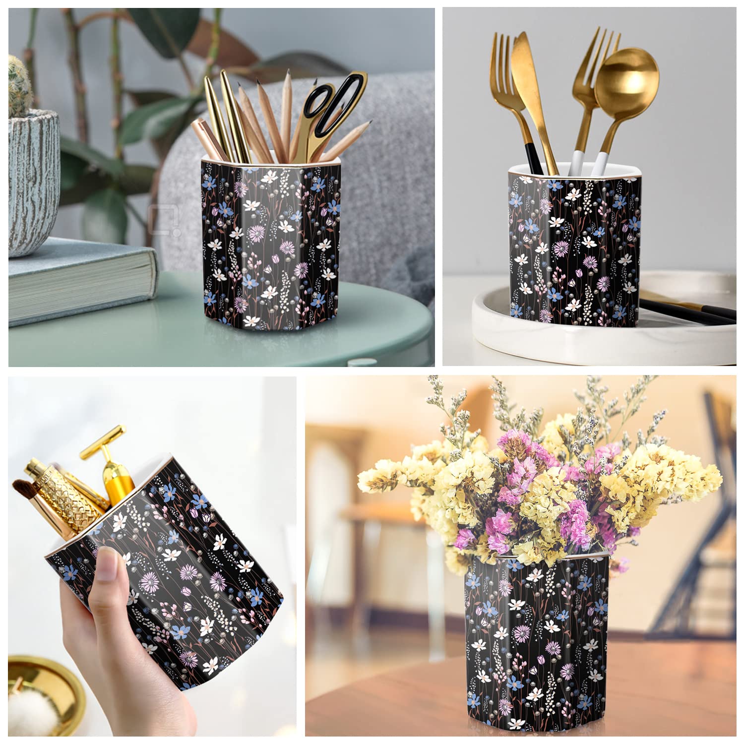 Waveyu Ceramic Floral Pencil Pen Holder, Cute Stationery Holder For Office, High School College, Makeup Brush Holder For Girl Wo