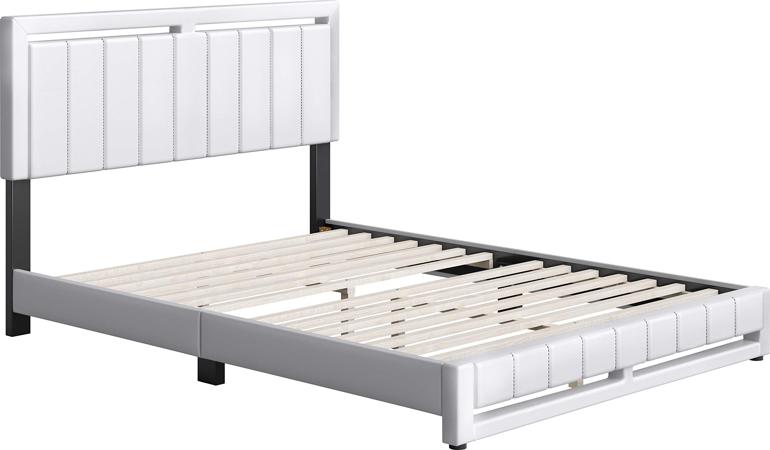 Boyd Sleep Beaumont Upholstered Platform Bed with Headboard, Mattress Foundation with Strong 14 Wood Slat Supports, No Box Spring Required, White Faux Leather, Size King