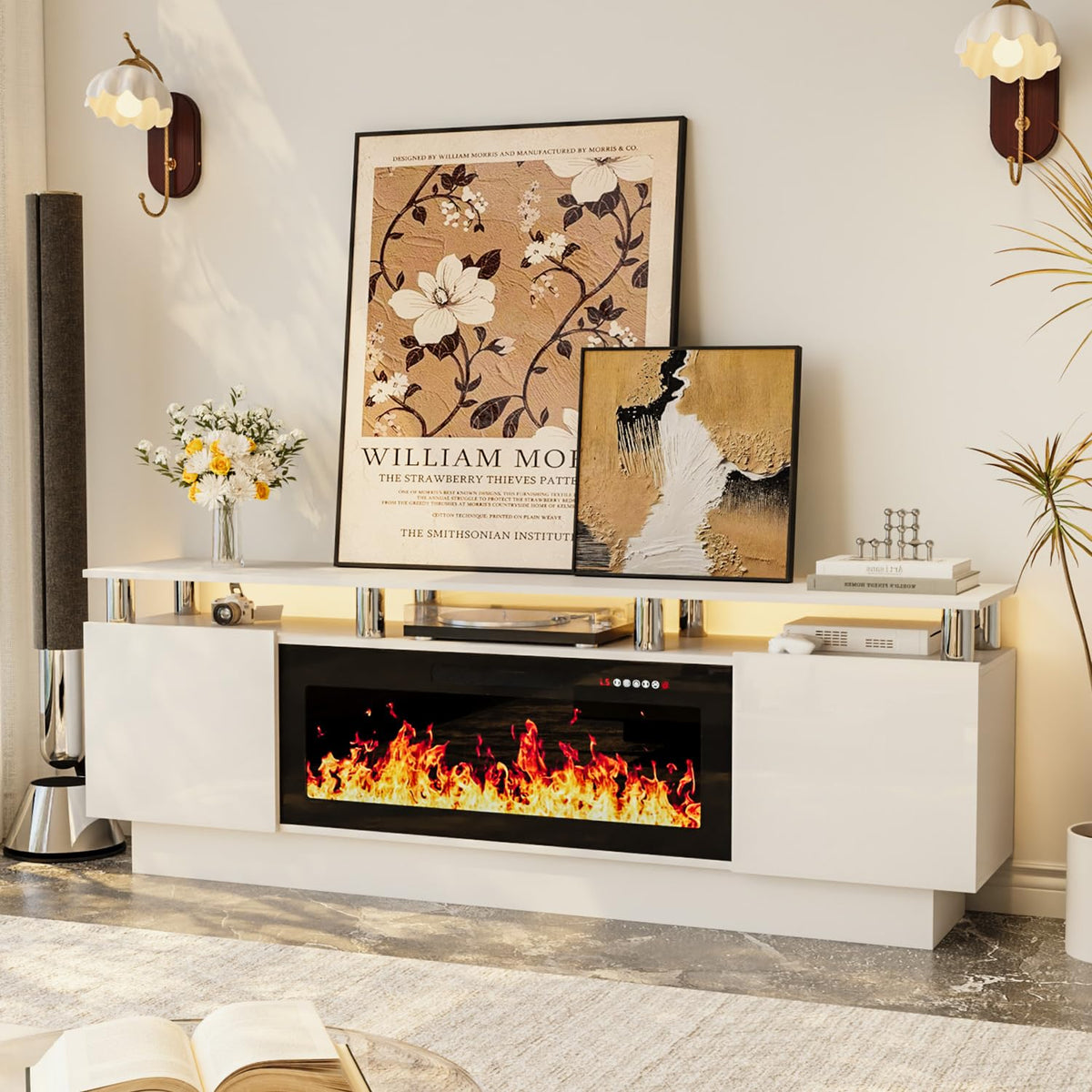 Pretzi Fireplace Tv Stand, 2 Tier 70 ' Led Entertainment Center With 36 ' Fireplace For Tvs Up To 80 ', Modern Wood Media Wit