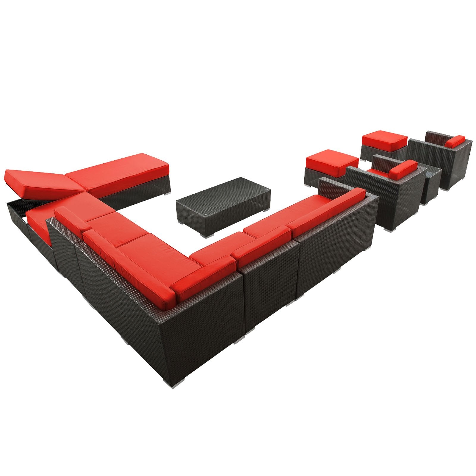 Modway Fusion 12-Piece Outdoor Rattan, Espresso With Red Cushions