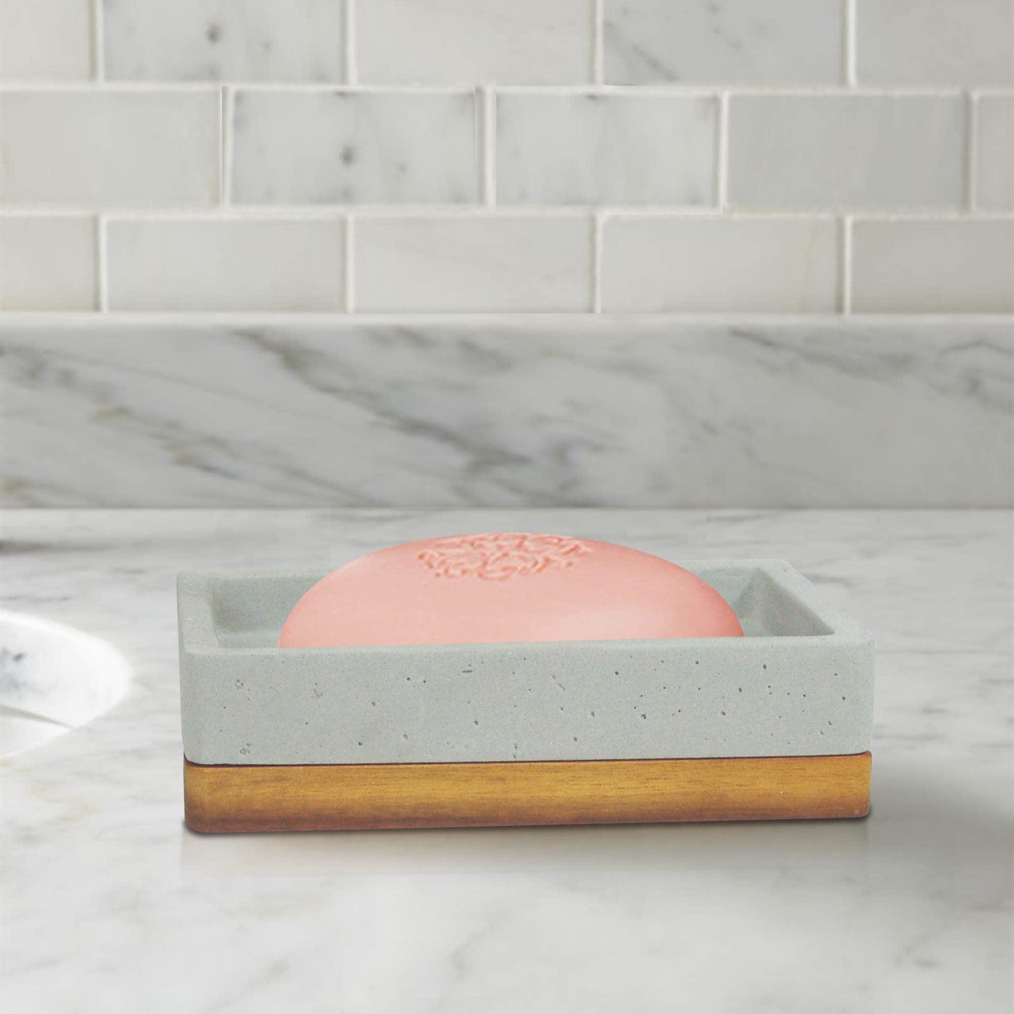 Nu Steel Concrete Bathroom Soap Bar Dish Holder In Real Cement And Wood For Bathrooms & Vanity Spaces