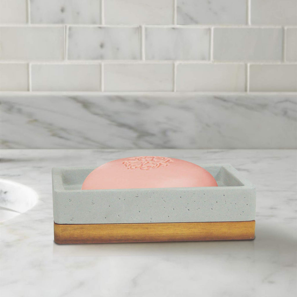 Nu Steel Concrete Bathroom Soap Bar Dish Holder In Real Cement And Wood For Bathrooms & Vanity Spaces