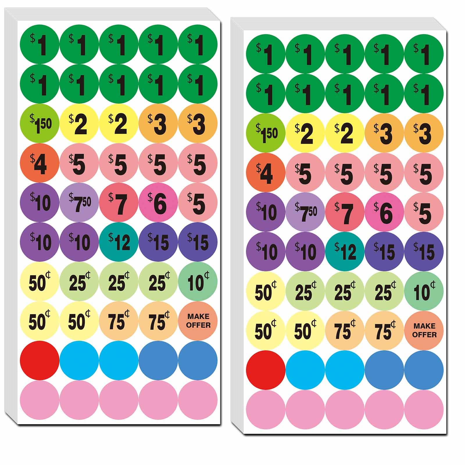 Dugutul 2000 Pcs Color-Coded Pre-Priced Stickers For Garage Sale And Flea Market, 3/4' Diameter - Bold Fonts, Clear Visibility,