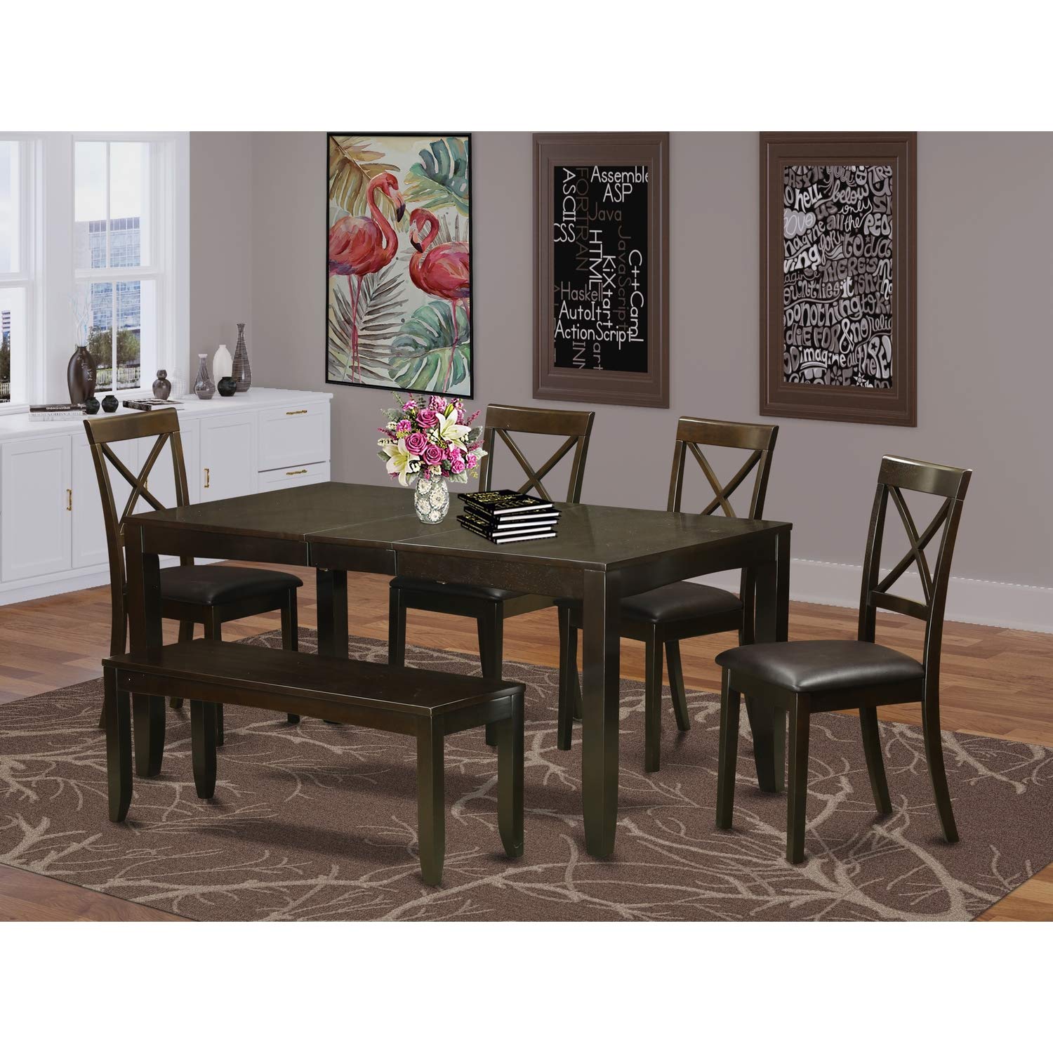 East West Furniture Lybo6-Cap-Lc 6 Pc Dining Table With Bench-Kitchen Tables Plus 4 Dining Chairs And Bench