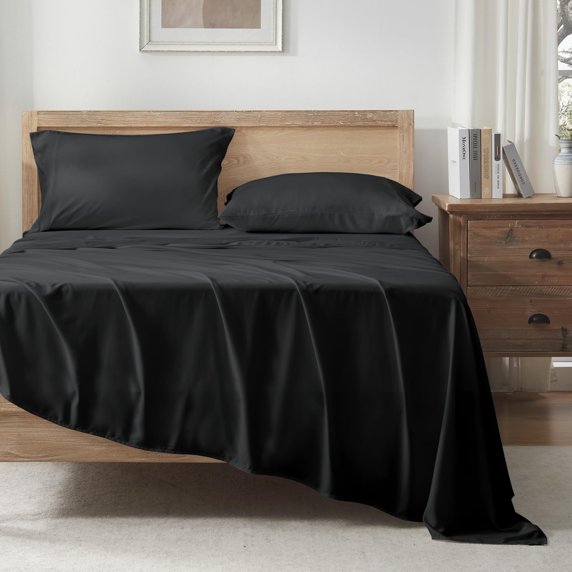 Andency Black Full Size Bed Sheets, 100% Viscose Derived From Bamboo, Cooling Full Sheets, Deep Pocket Up To 16', Silky Soft Bed Sheets, Hotel Luxury Breathable Bedding Sheets & Pillowcases…