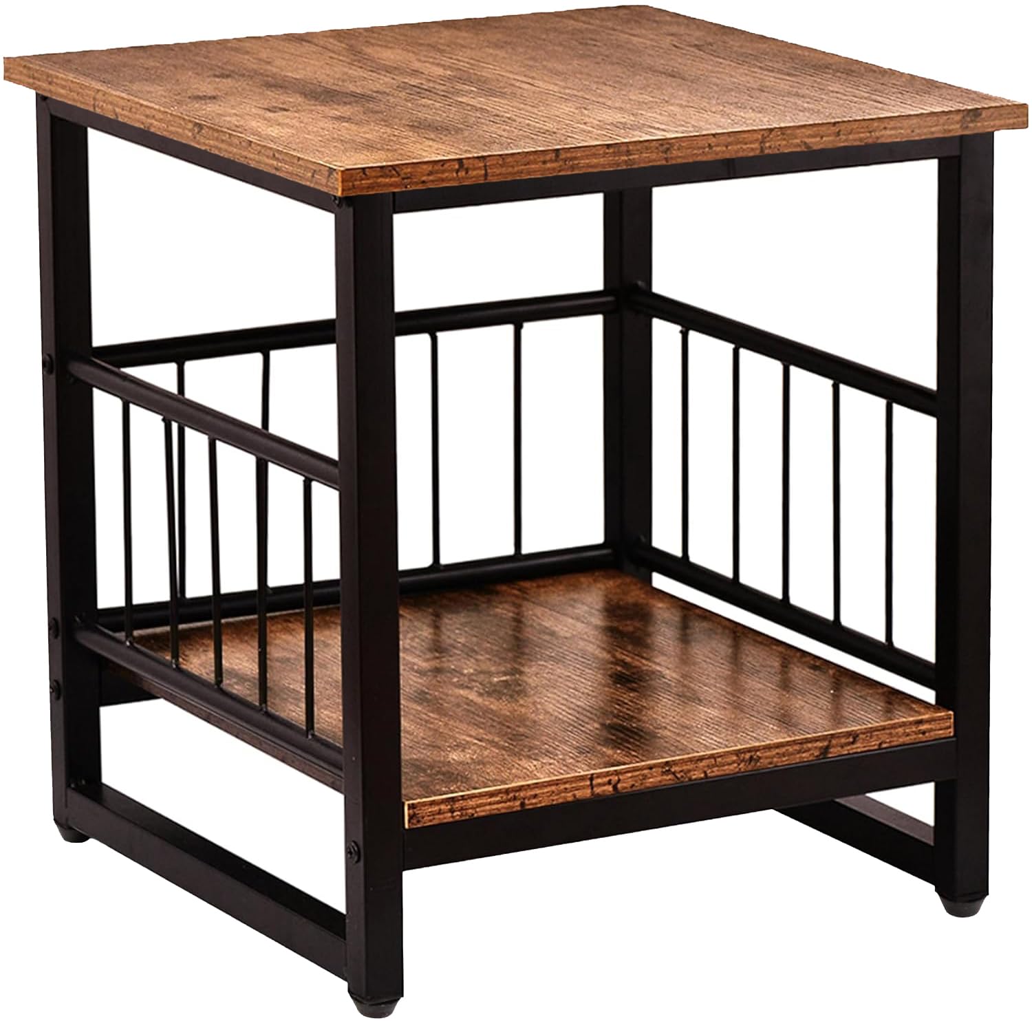 End Table, Industrial Side Table with 2-Tire Storage Shelf, 180LBS Mini Fridge Stand with Adjustable Feet, 18x18 Wood Night Stan