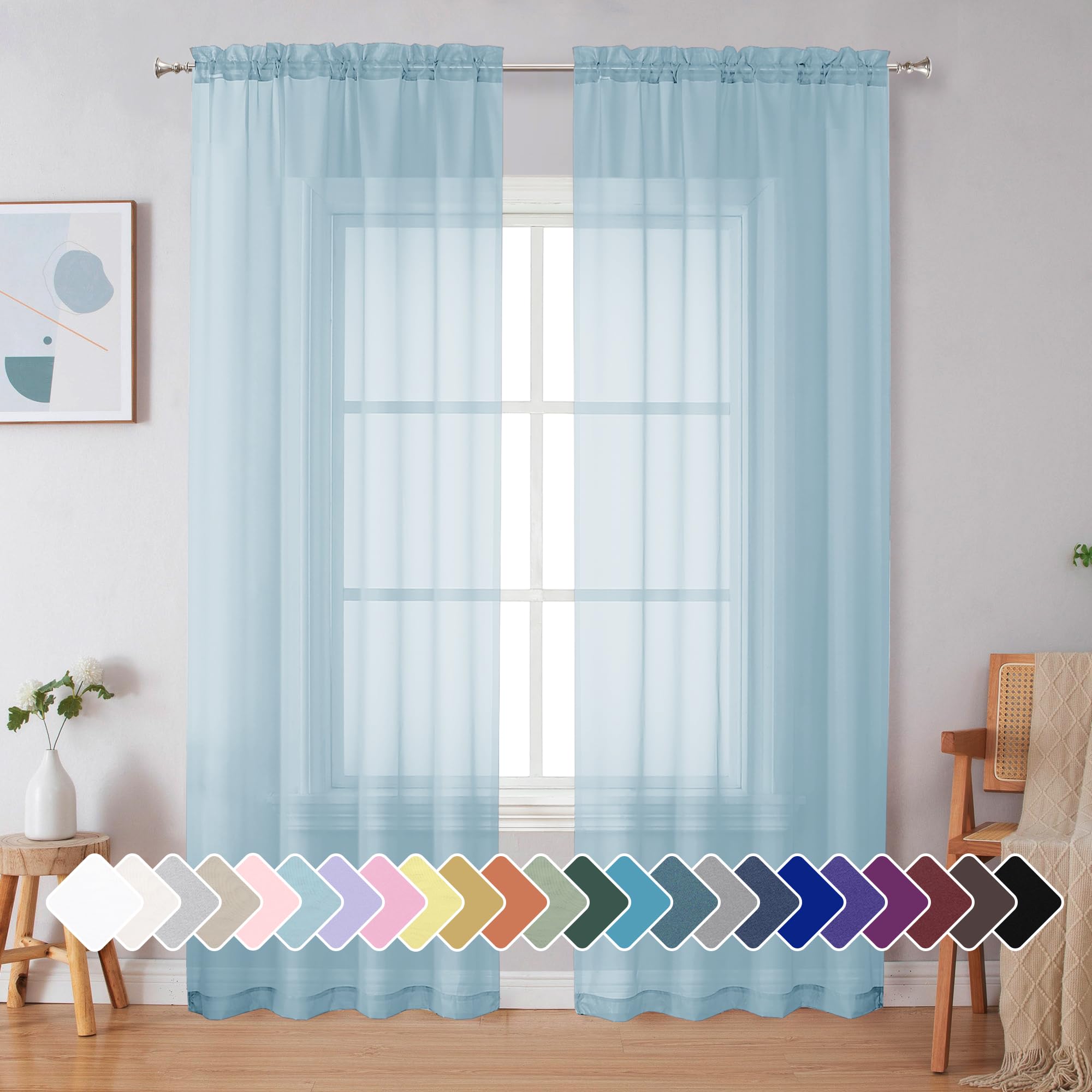 Simplebrand Sky Blue Sheer Curtains 90 Inches Long 2 Panels, Light Filtering Rod Pocket Solid Color Window Sheer Curtain Panels,