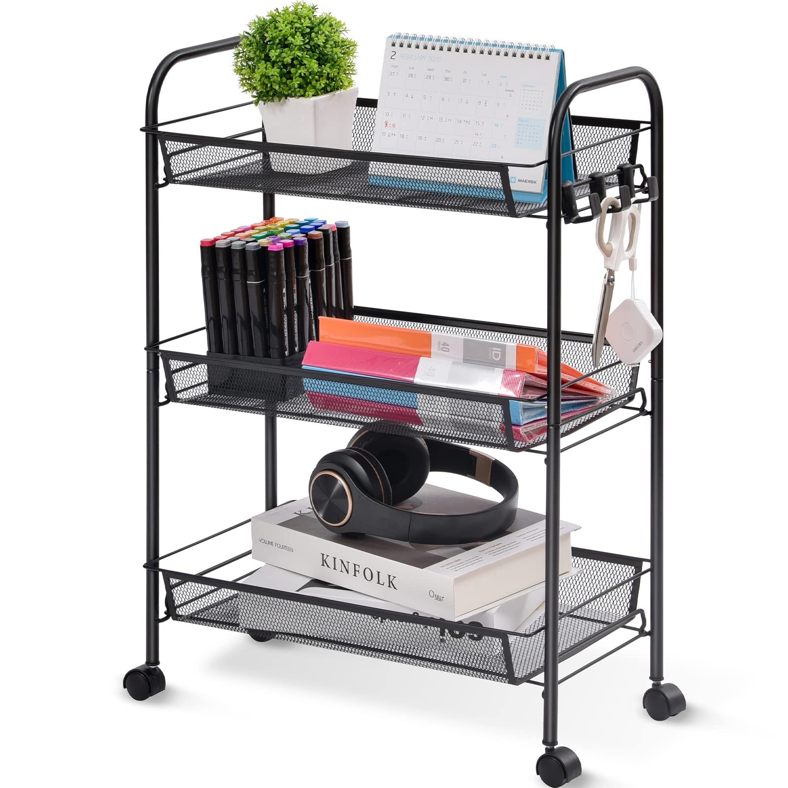 Toolf 3-Tier Metal Rolling Cart, Mesh Wire Easy Assemble Utility Cart, Storage Trolley On Wheels With 3 Hooks, Metalstorage Shelving Units For Kitchen Bathroom Laundry Room