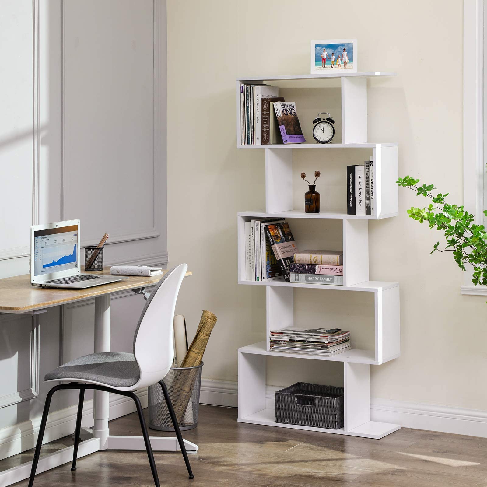 Vasagle Wooden Bookcase, Display Shelf And Room Divider, Freestanding Decorative Storage Shelving, 5-Tier Bookshelf, White