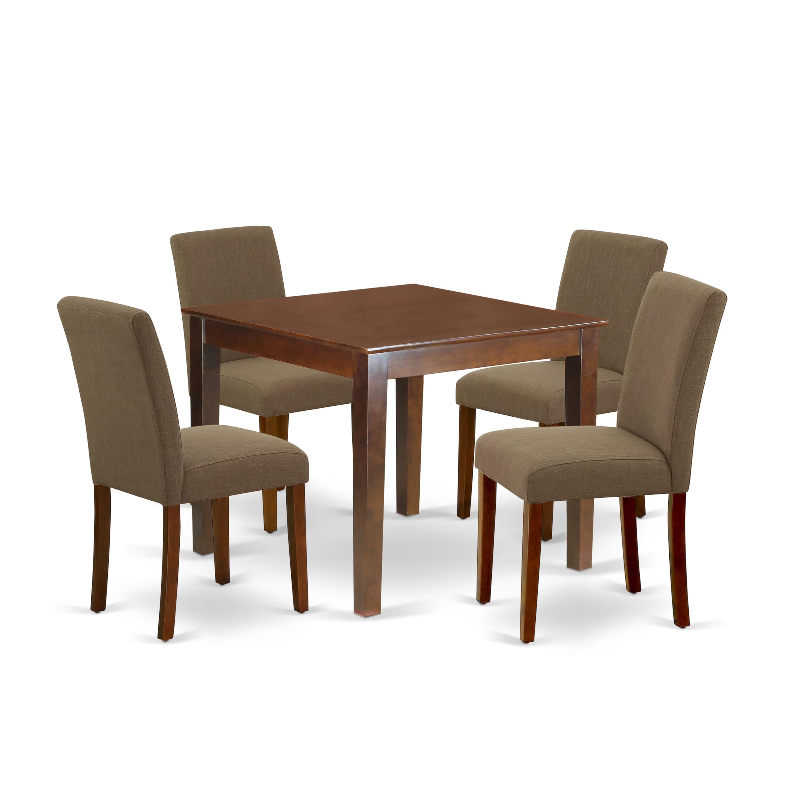East West Furniture Oxab5-Mah-18 5 Piece Dining Room Furniture Set Includes A Square Dining Table And 4 Coffee Linen Fabric Upholstered Parson Chairs, 36X36 Inch, Mahogany