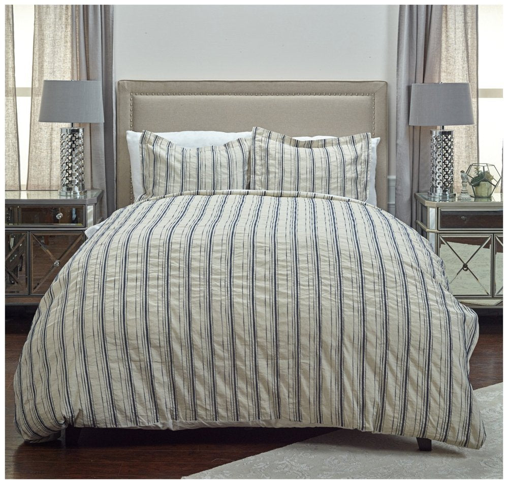 Rizzy Home | Bt4052 | Duvet | 98"X98" Blue/Neutral/Brown Woven In Stripes