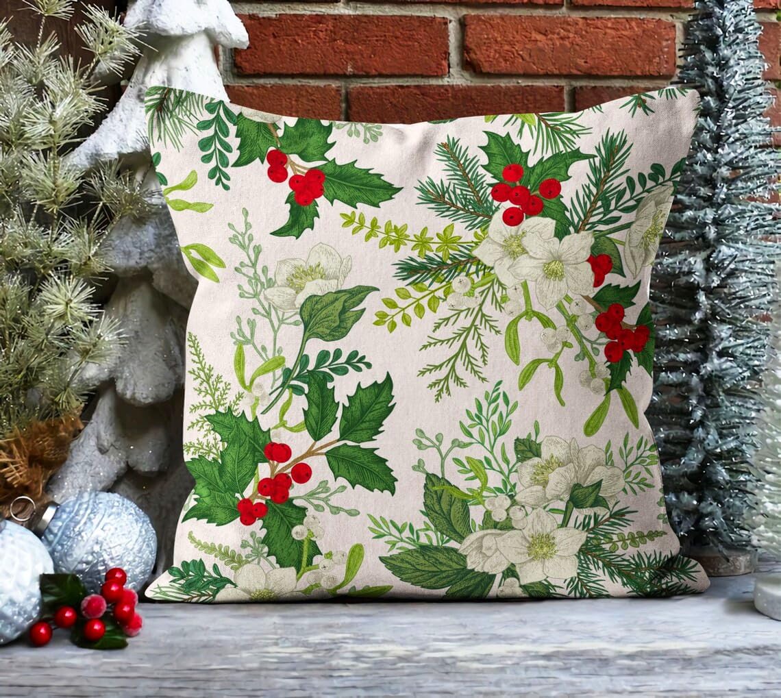 Merry Christmas Holly Leaves Cotton Cushion Covers Decorative Throw Pillow, Set Of 5 (1616 Inches)