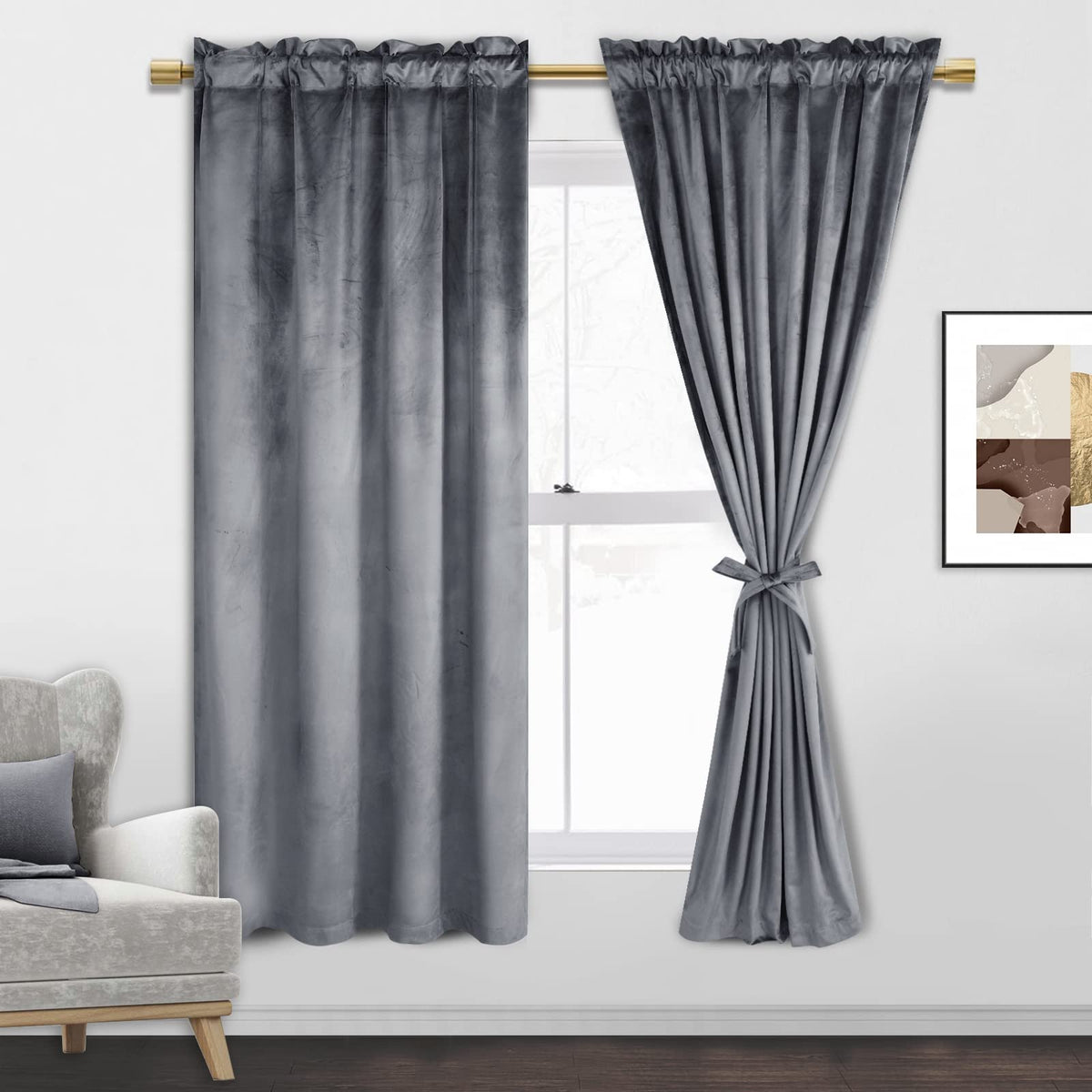 Jiuzhen Grey Blackout Velvet Curtains For Bedroom Super Soft Thick Thermal Insualted Room Darkening Rod Pocket Blackout Drapes F