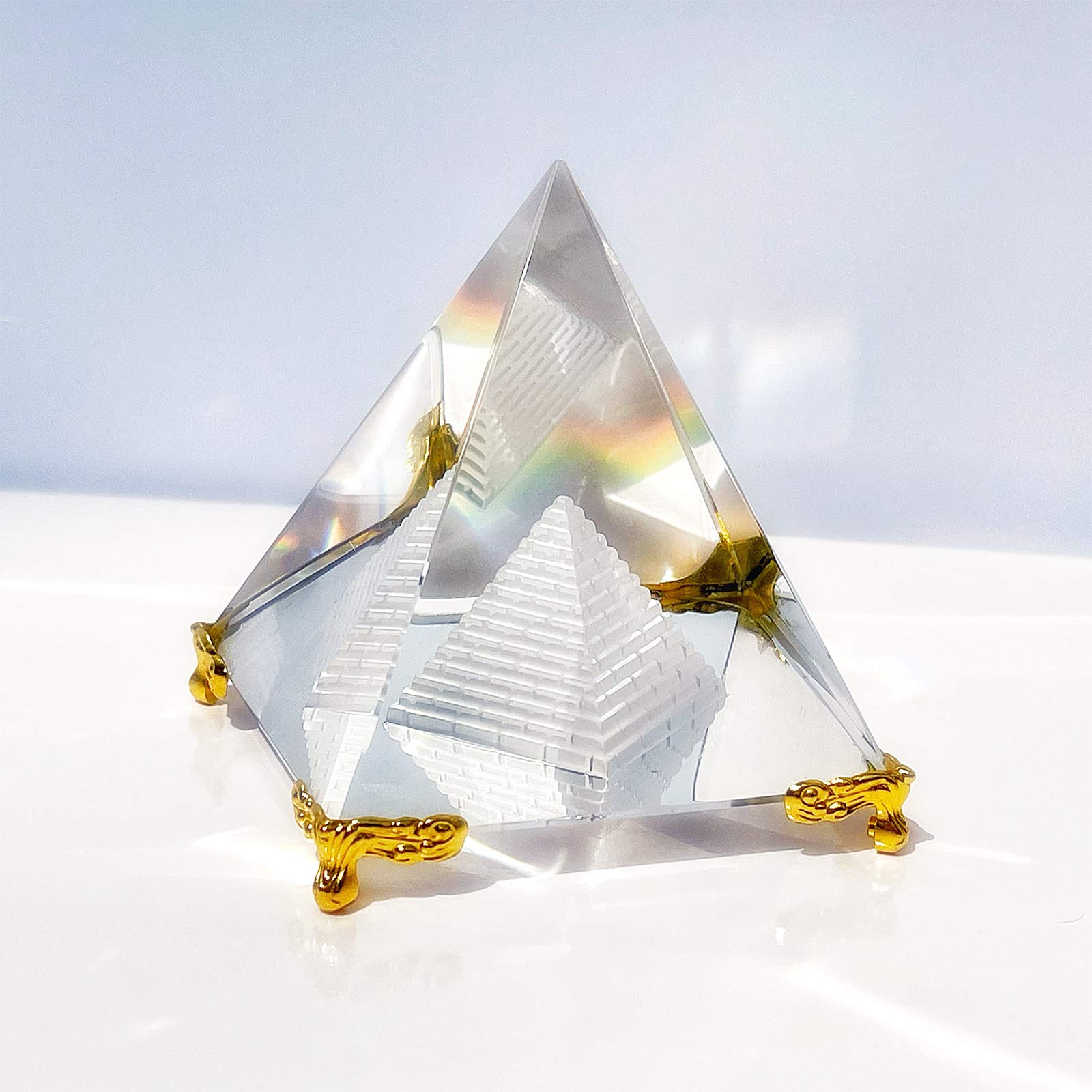 Together-Life Crystal Pyramid Prism, Feng Shui Crafts Meditation Crystal With Gold Stand For Home Office Decor, Pyramids Gift, S