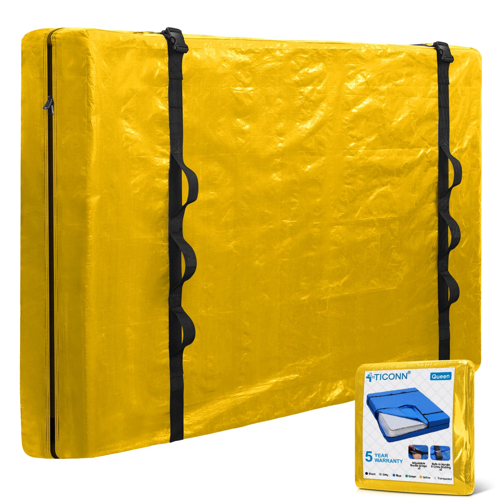 Ticonn Mattress Bags For Moving, Queen Mattress Cover For Moving, Heavy Duty, Full-Around Handle With Adjustable Buckles, Mattress Storage Bag & Moving Supplies (Yellow, Queen)
