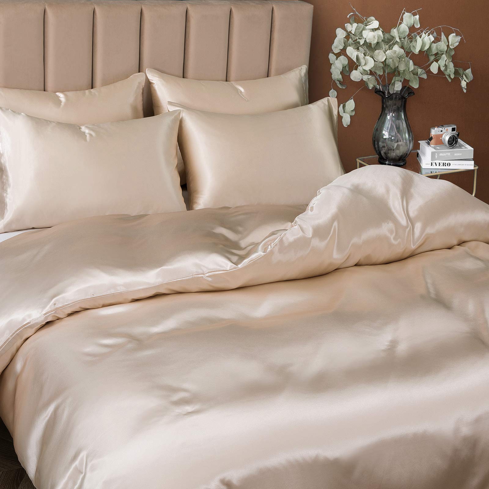 P Pothuiny 5 Pieces Satin Duvet Cover King Size Set, Luxury Silky Like Taupe Duvet Cover Bedding Set With Zipper Closure, 1 Duve