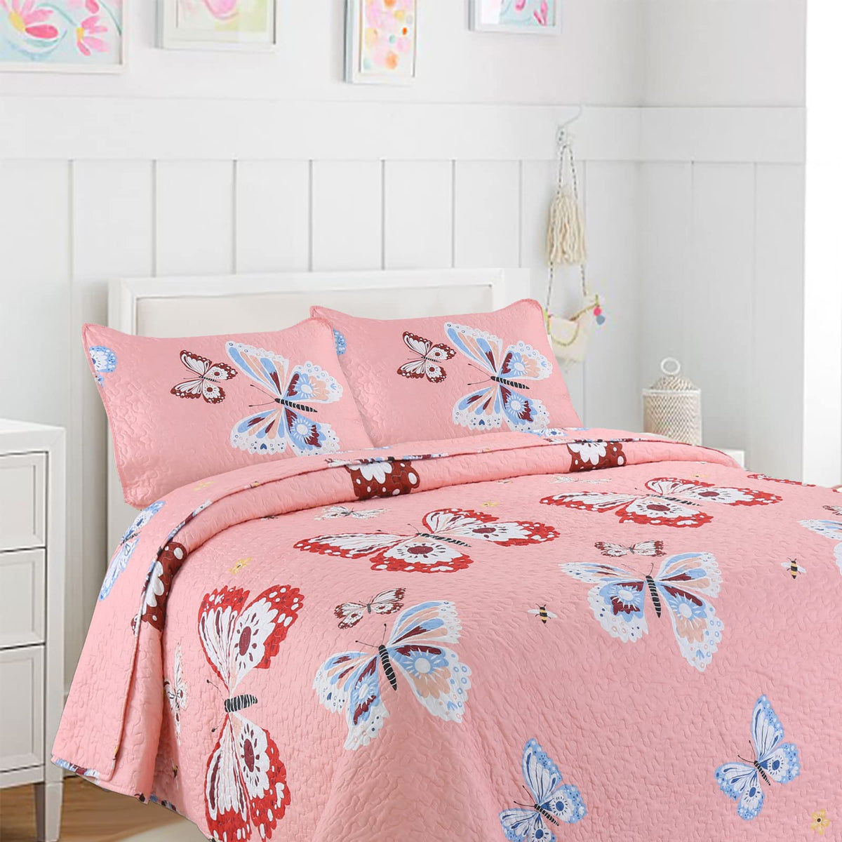 Cozy Line Home Fashions Pink Microfiber Reversible Girls Coverlet Bedspread Quilt Set, Bedspread, Coverlet (Butterflies, Queen -