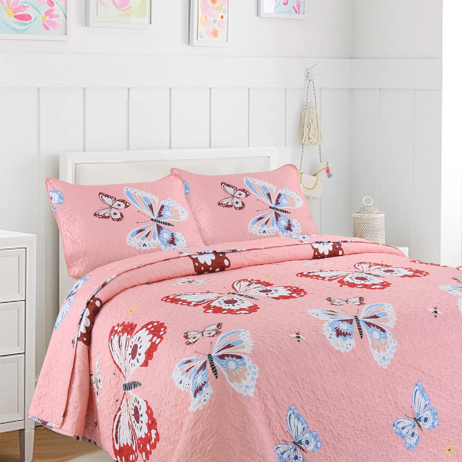 Cozy Line Home Fashions Pink Microfiber Reversible Girls Coverlet Bedspread Quilt Set, Bedspread, Coverlet (Butterflies, Twin -