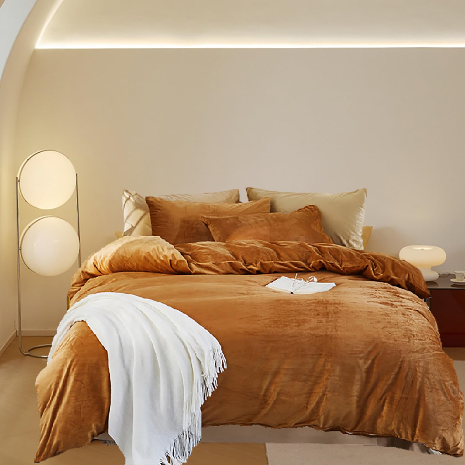 Cottonight Velvet Comforter Set King Pumpkin Rust Bedding Comforter Set Flannel Burnt Orange Fluffy Plush Blanket Quilts Soft Th