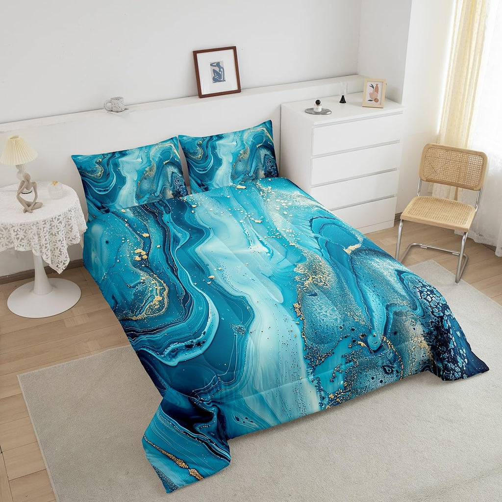 Erosebridal Marble Comforter Set,Teal Blue Marble Down Comforter Gold Liquid Quicksand Design Quilted Duvet,Turquoise Decorative 3 Piece Bedding Set With 2 Pillow Shams,Full Size