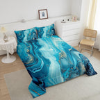 Erosebridal Marble Comforter Set,Teal Blue Marble Down Comforter Gold Liquid Quicksand Design Quilted Duvet,Turquoise Decorative 3 Piece Bedding Set With 2 Pillow Shams,Full Size