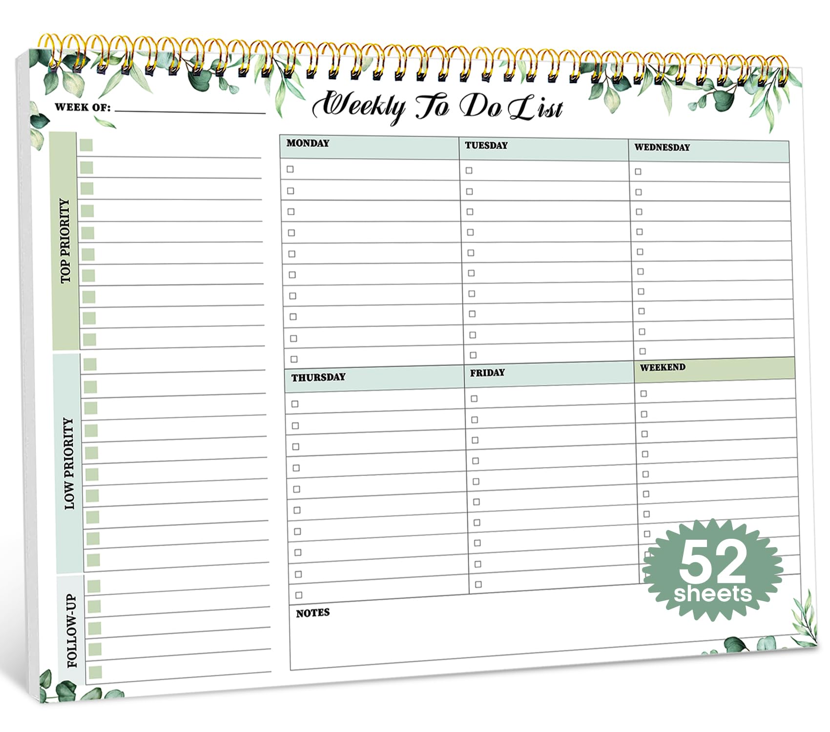 Weekly To Do List Notepad With 52 Undated Sheets(8.5'  11')- Weekly Desk Planner For Women & Man, Work And Home - Serene Green