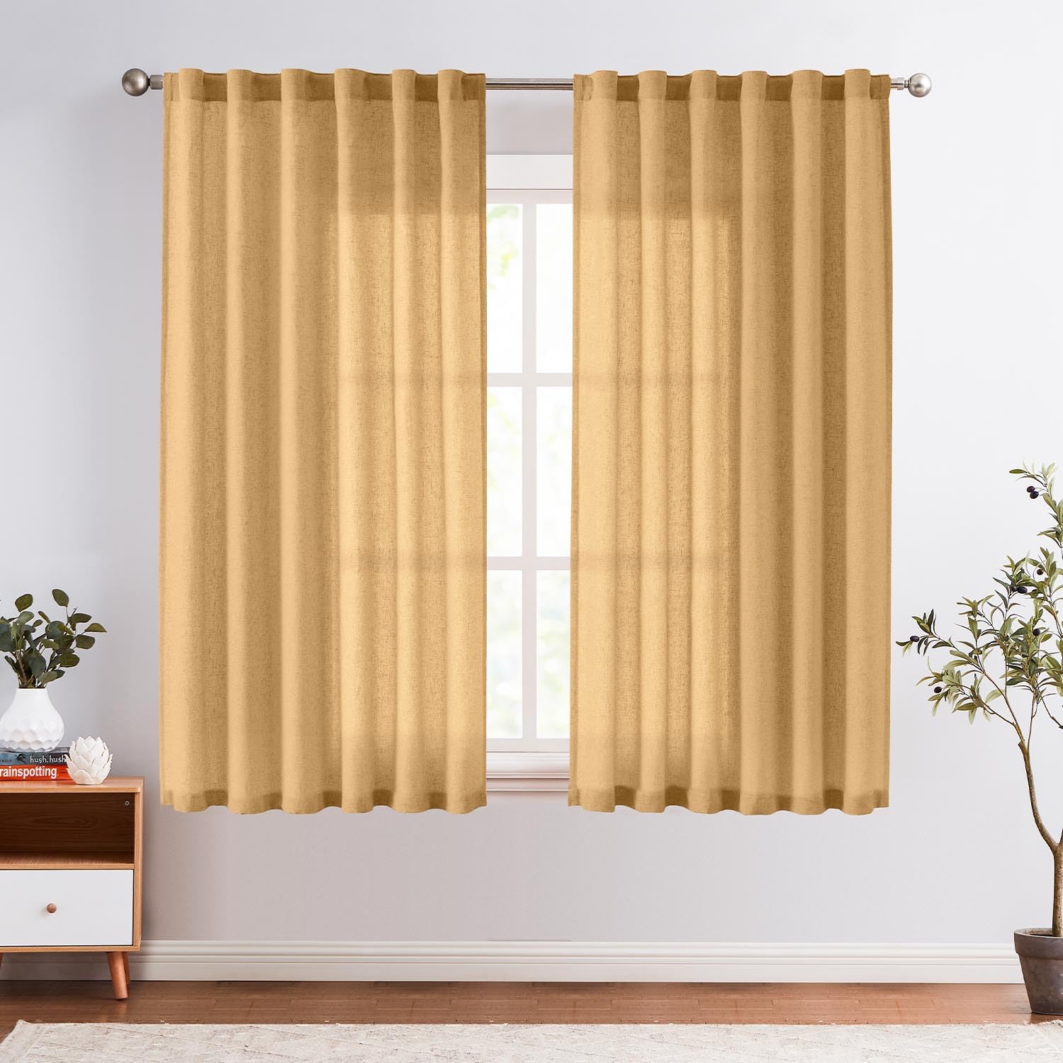 Jinchan Linen Blend Curtains 63 Inches Length For Living Room Yellow Farmhouse Rod Pocket Back Tab Yellow Light Filtering Window Drapes For Bedroom Curtains 2 Panels Mustard