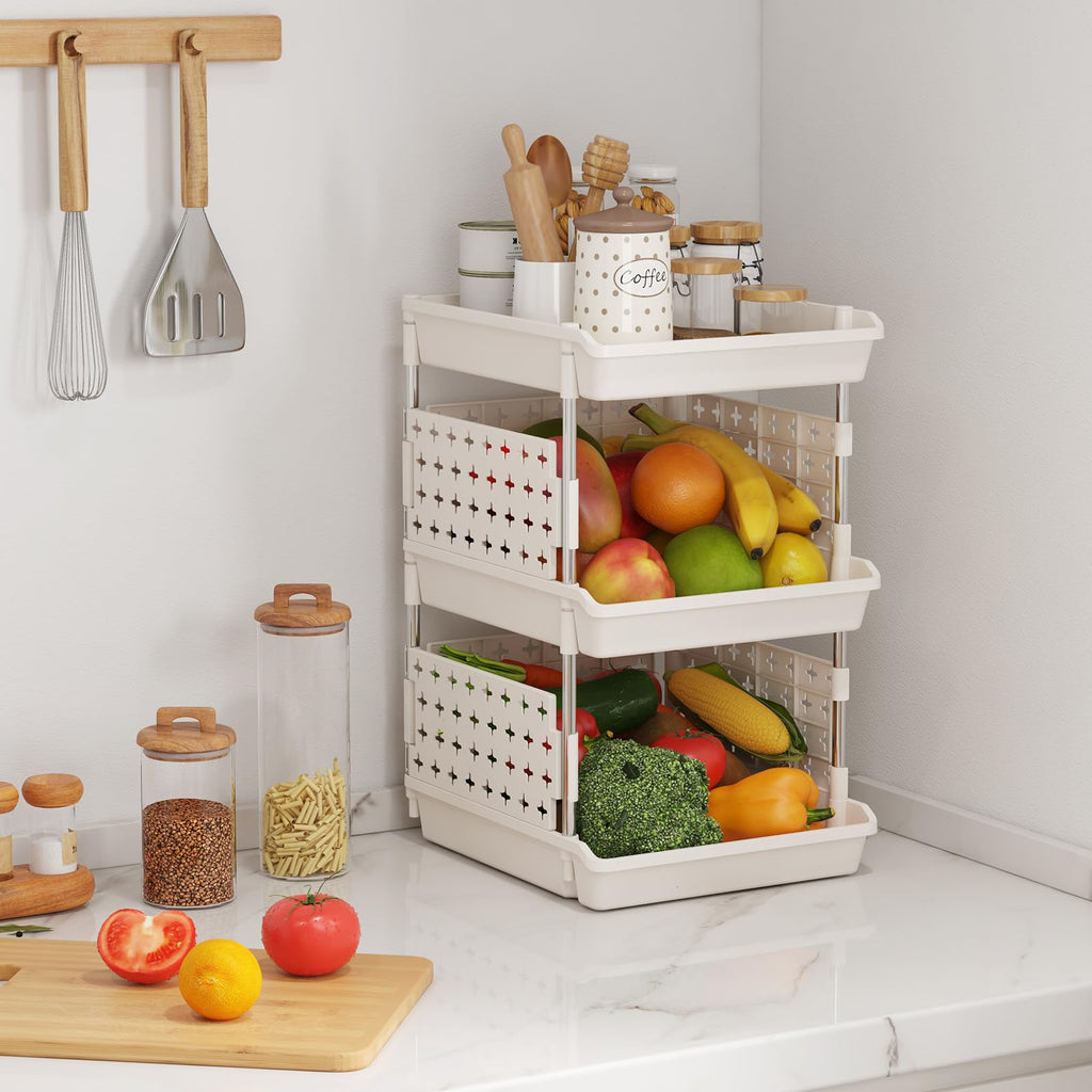 Lifewit Plastic Stackable Storage Baskets, 3 Tier Stacking Bins For Closet Wardrobe, Playroom, Kitchen And Pantry Organization, Large Capacity Multi-Functional Storage Containers Shelves, White