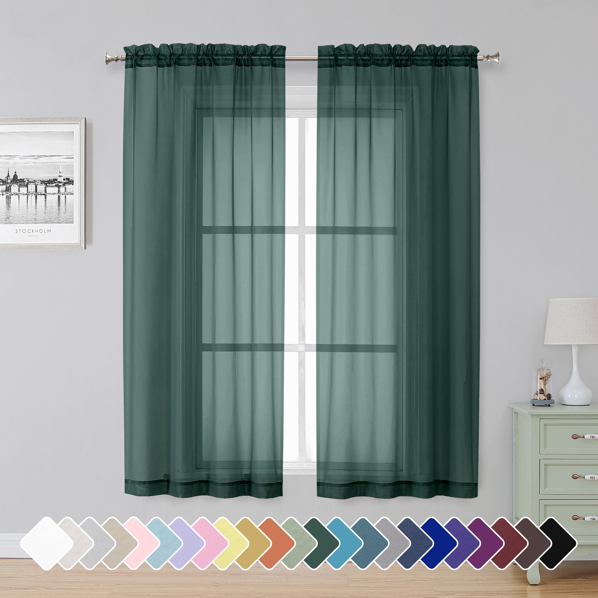 Simplebrand Hunter Green Sheer Curtains 63 Inch Length 2 Panels, Rod Pocket Solid Color Window Sheer Curtain Panels, Elegant Cur