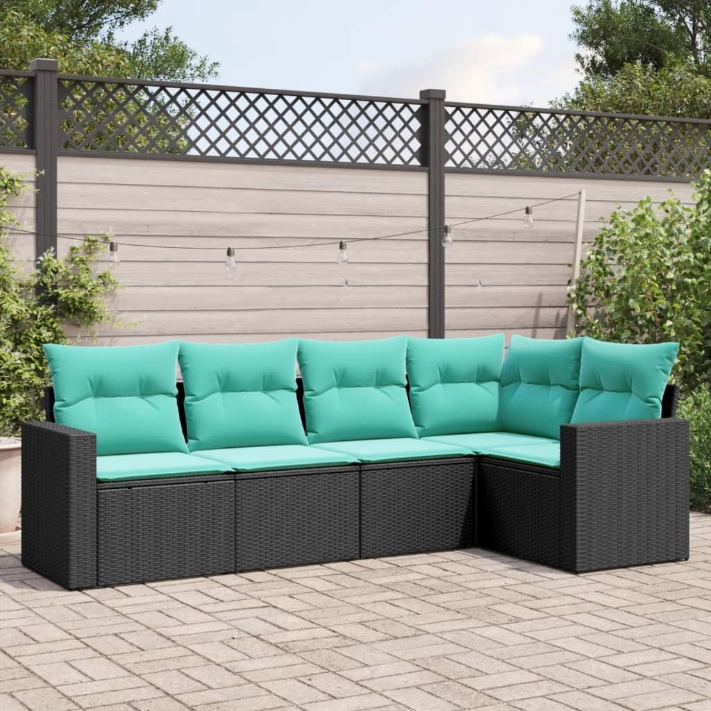 vidaXL Patio Sofa Set with Cushions - Outdoor/Garden Furniture 5 Pieces - Black Poly Rattan - Modular Design - Cushioned Seats - Removable, Washable Covers