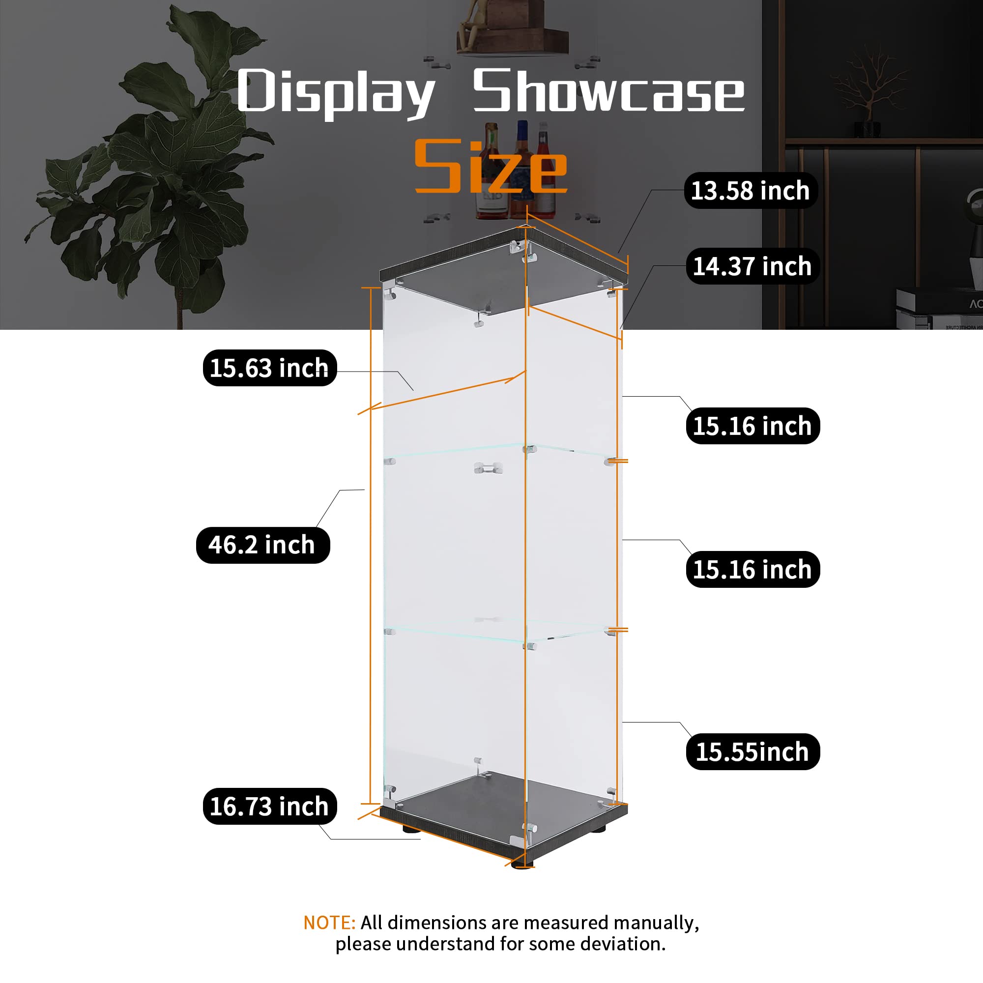 Beauty4U One-Door Glass Display Cabinet, Black Curio Cabinets For Living Room, Bedroom, Office, Collection Display, Quick Installation In 30 Mins, 3 Shelves Black Floor Standing Glass Bookshelf