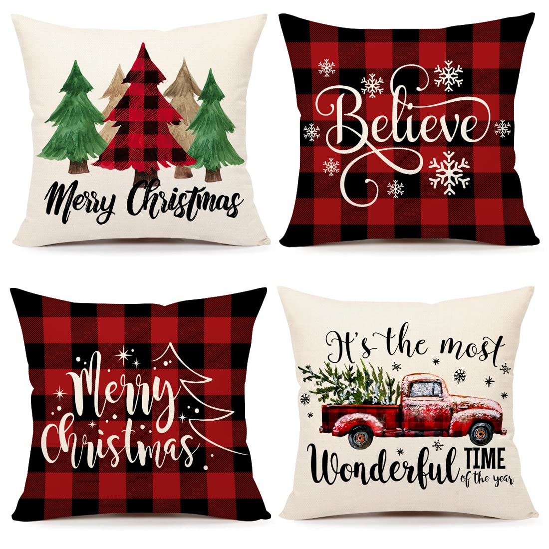 4Th Emotion Buffalo Check Christmas Pillow Covers 16X16 Set Of 4 Red Black Farmhouse Christmas Decorations Winter Holiday Decor