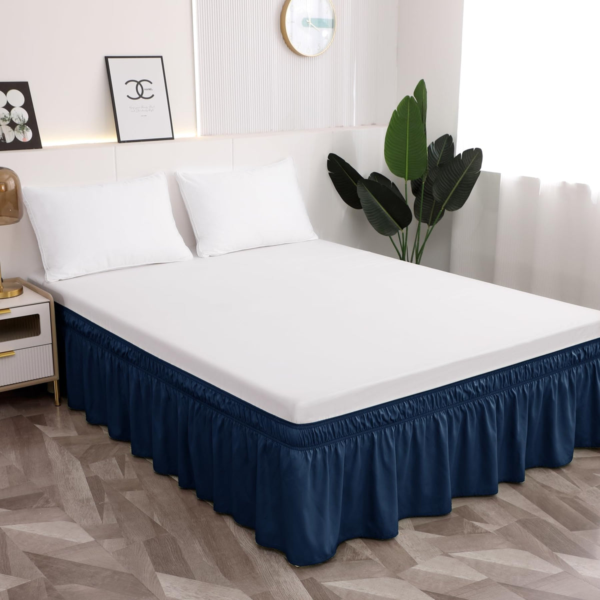 Toodou Queen Navy Blue Bed Skirt - Hotel-Quality Ruffles For Queen Beds With 16' Drop - Elastic Wrap Around Dust Ruffle Queen B