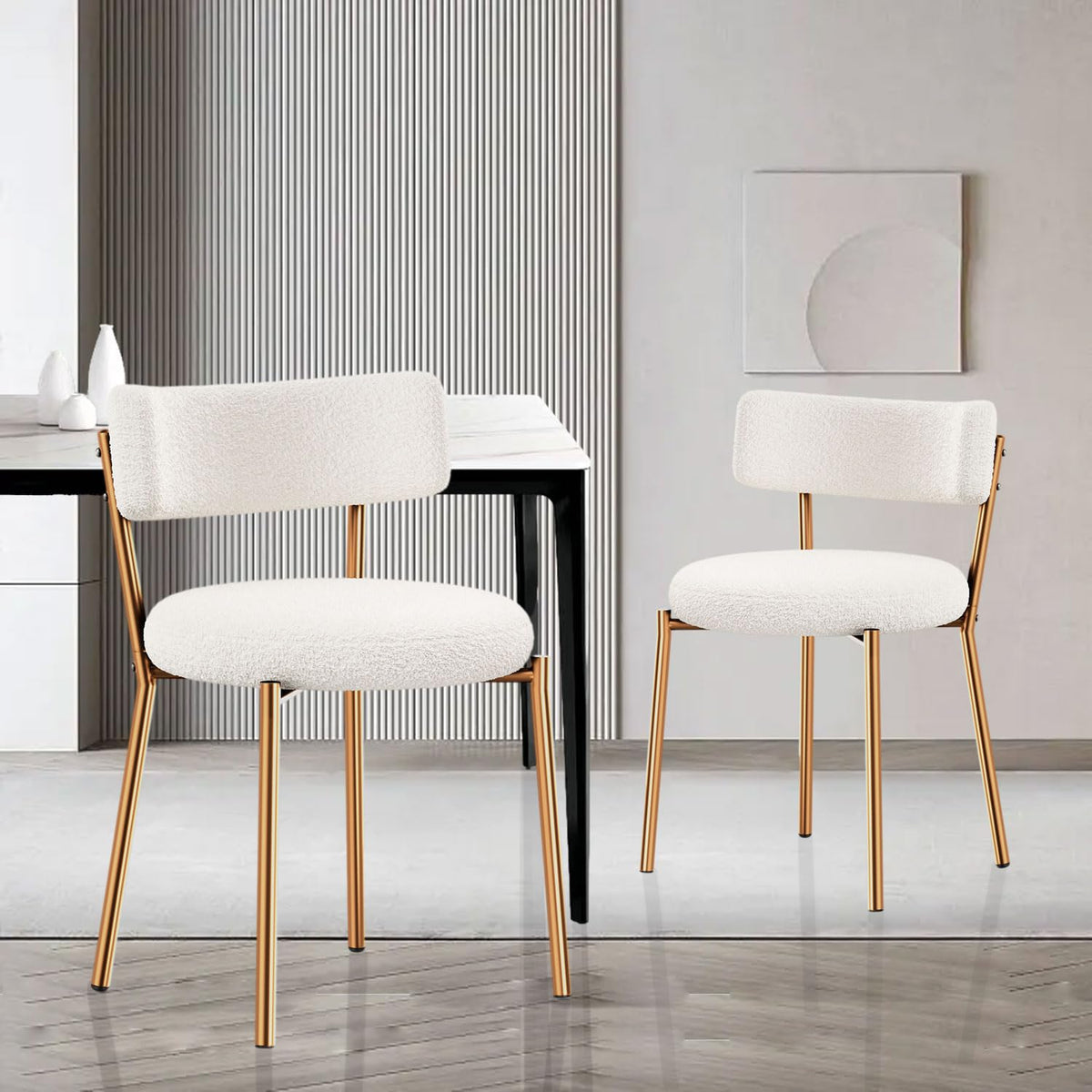 Haizao Boucle Dining Chairs Set Of 2, Modern Round Upholstered Dining Chairs, Curved Backrest Kitchen Dining Room Chairs, Mid-Ce