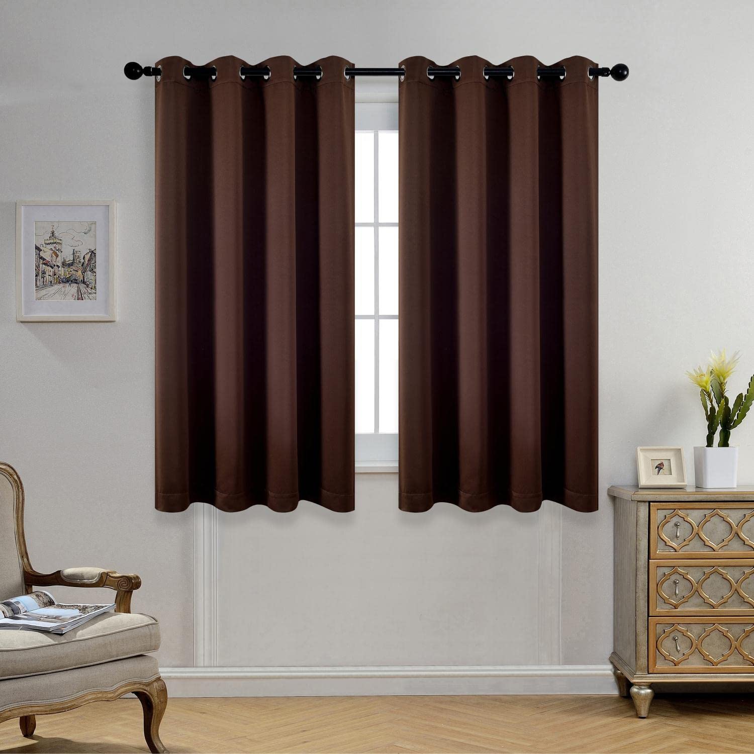 Miuco Room Darkening Grommet Window Blackout Curtains Two Panels For Girls Bedroom 52X63 Inch Chocolate, Bonus 2 Tie Backs Inclu