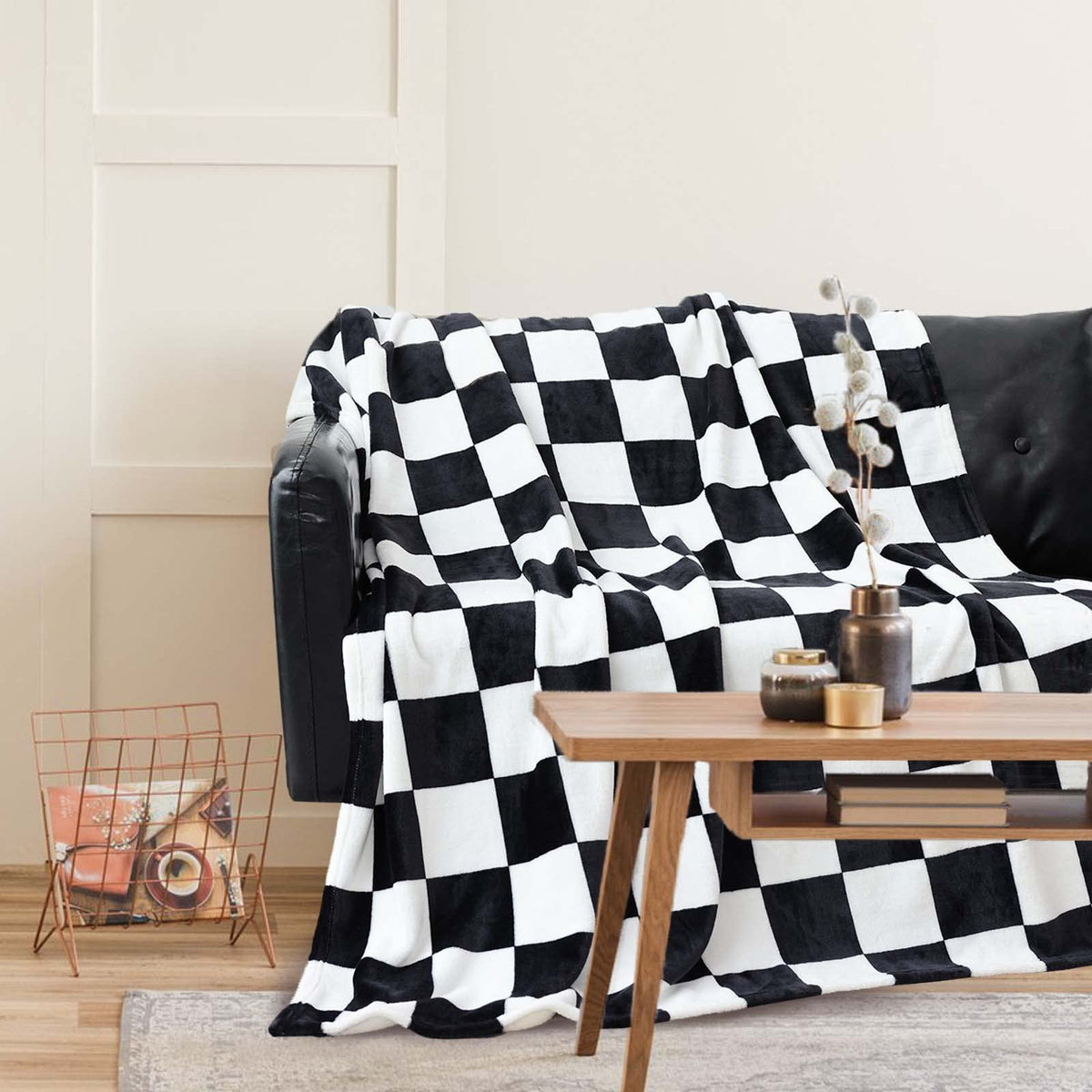 Vessia Black And White Classic Checker Throw Blanket, 300Gsm Soft Cozy Comfy Checkerboard Flannel Blanket For Couch,Sofa,Chair,B